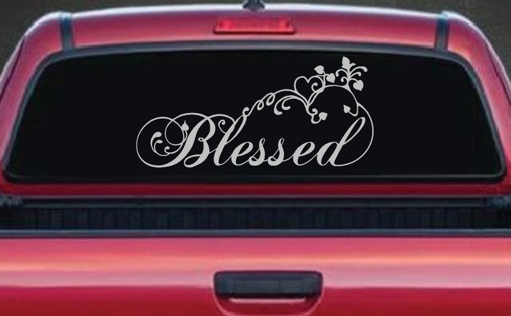Blessed With Swirls Hearts Christian Car or Truck Window Decal Sticker (Light Gray)