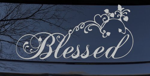 Blessed With Swirls Hearts Christian Car or Truck Window Decal Sticker (Light Gray)