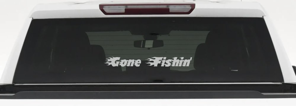 Gone Fishin Blazed Flame Text Fishing Car or Truck Window Decal Sticker (Light Gray)