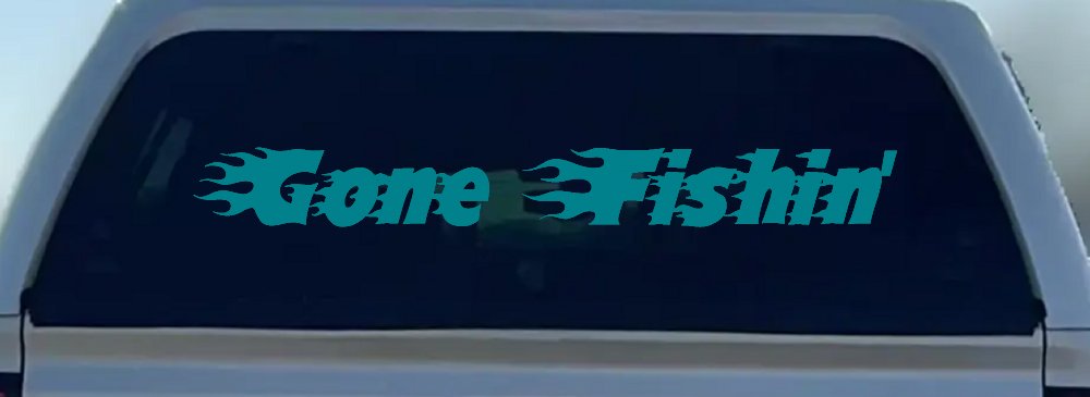 Gone Fishin Blazed Flame Text Fishing Car or Truck Window Vinyl Decal Sticker (Turquoise Blue)