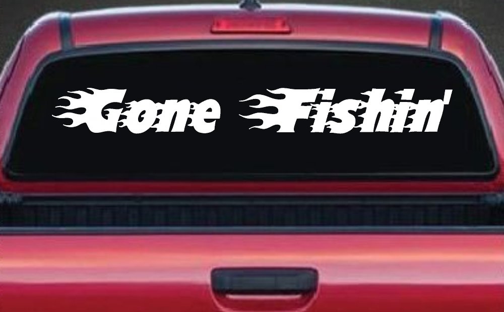 Gone Fishin Blazed Flame Text Fishing Car or Truck Window Decal Sticker (White)