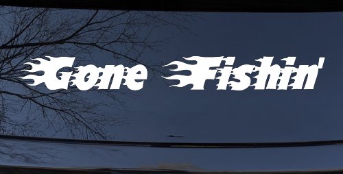Gone Fishin Blazed Flame Text Fishing Car or Truck Window Vinyl Decal Sticker (White)