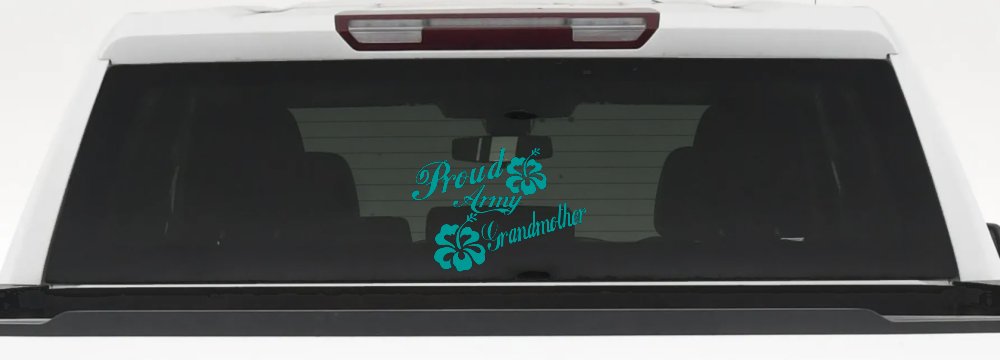 Proud Army Grandmother Hibiscus Flowers Military Car or Truck Window Decal Sticker (Turquoise)