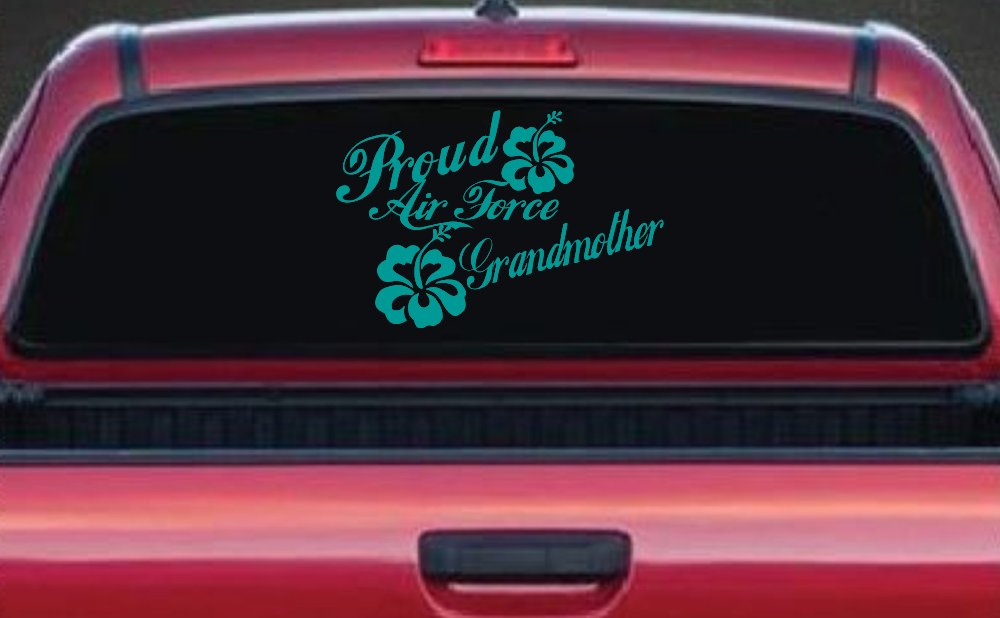 Proud Air Force Grandmother Hibiscus Flowers Military Car or Truck Window Vinyl Decal Sticker (Turquoise)