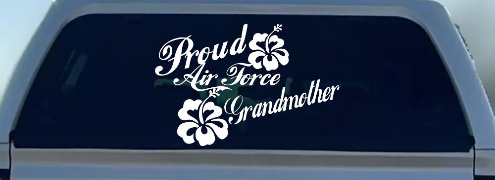 Proud Air Force Grandmother Hibiscus Flowers Military Car or Truck Window Decal Sticker (White)