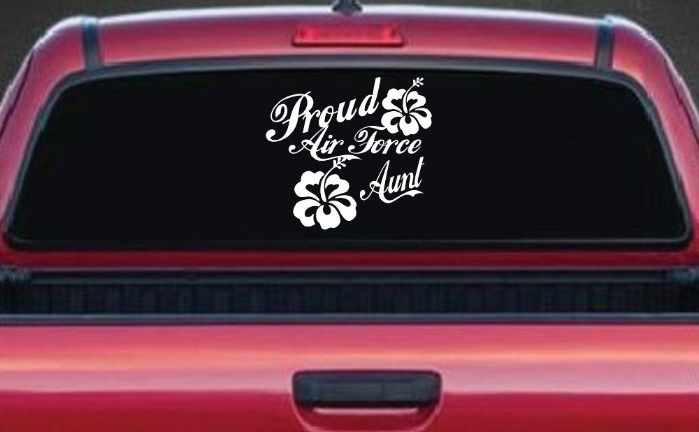 Proud Air Force Aunt Hibiscus Flowers Military Car or Truck Window Decal Sticker (White)