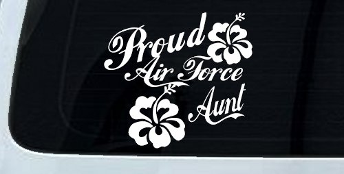 Proud Air Force Aunt Hibiscus Flowers Military Car or Truck Window Decal Sticker (White)