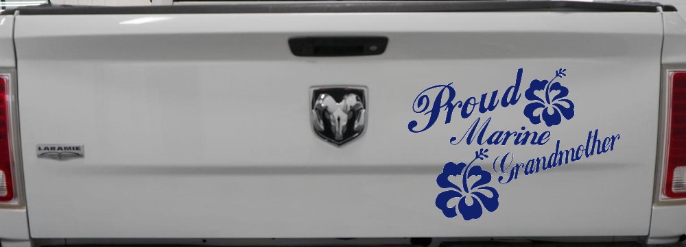 Proud Marine Grandmother Hibiscus Flowers Military Car or Truck Window Decal Sticker (Navy)