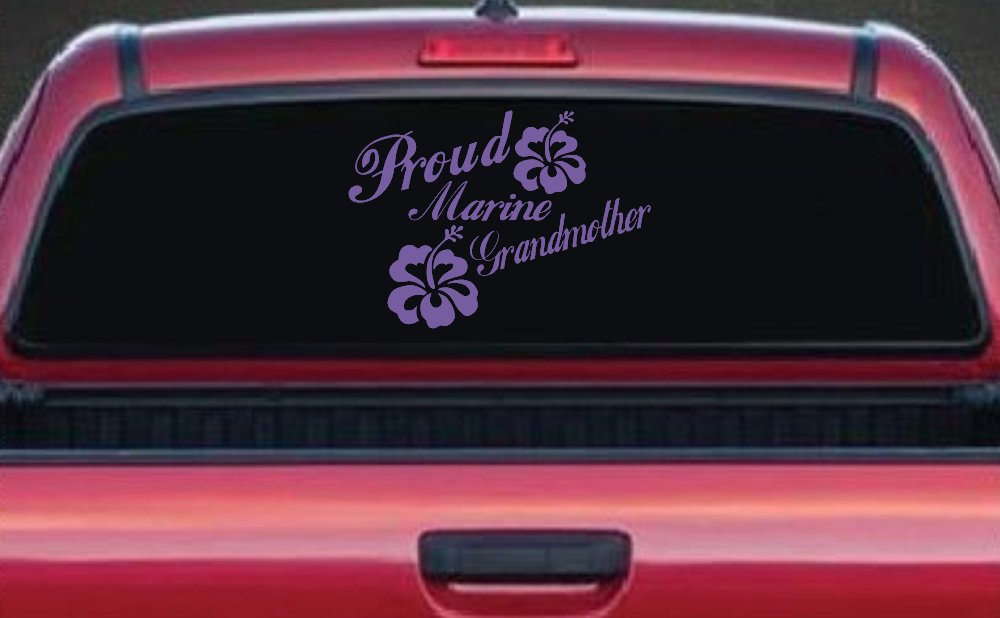 Proud Marine Grandmother Hibiscus Flowers Military Car or Truck Window Decal Sticker (Purple)