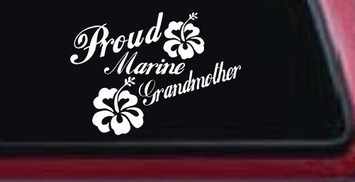 Proud Marine Grandmother Hibiscus Flowers Military Car or Truck Window Decal Sticker (White)