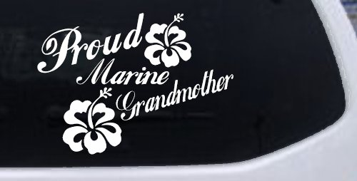 Proud Marine Grandmother Hibiscus Flowers Military Car or Truck Window Vinyl Decal Sticker (White)
