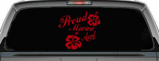 Proud Marine Aunt Hibiscus Flowers Military Car or Truck Window Decal Sticker (Red)
