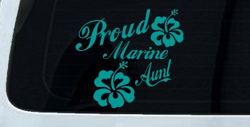 Proud Marine Aunt Hibiscus Flowers Military Car or Truck Window Decal Sticker (Turquoise)