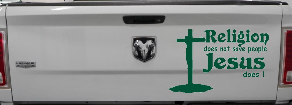 Religion Does Not Save People Jesus Does Christian Car or Truck Window Decal Sticker (Dark Green)