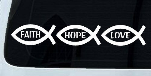 Christian Fish Faith Hope Love Car or Truck Window Decal Sticker (White)