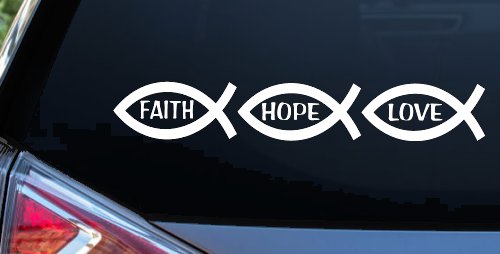 Christian Fish Faith Hope Love Car or Truck Window Decal Sticker (White)