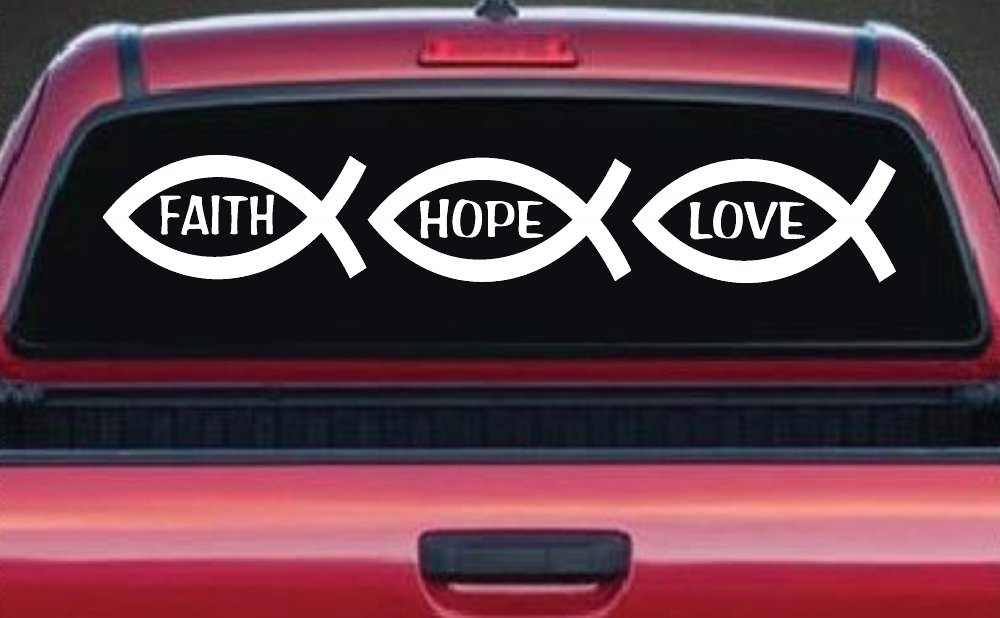 Christian Fish Faith Hope Love Car or Truck Window Vinyl Decal Sticker (White)