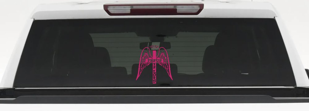 Jesus Is Lord Angel Wings Cross Halo Christian Car or Truck Window Vinyl Decal Sticker (Hot Pink)
