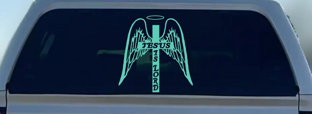 Jesus Is Lord Angel Wings Cross Halo Christian Car or Truck Window Decal Sticker