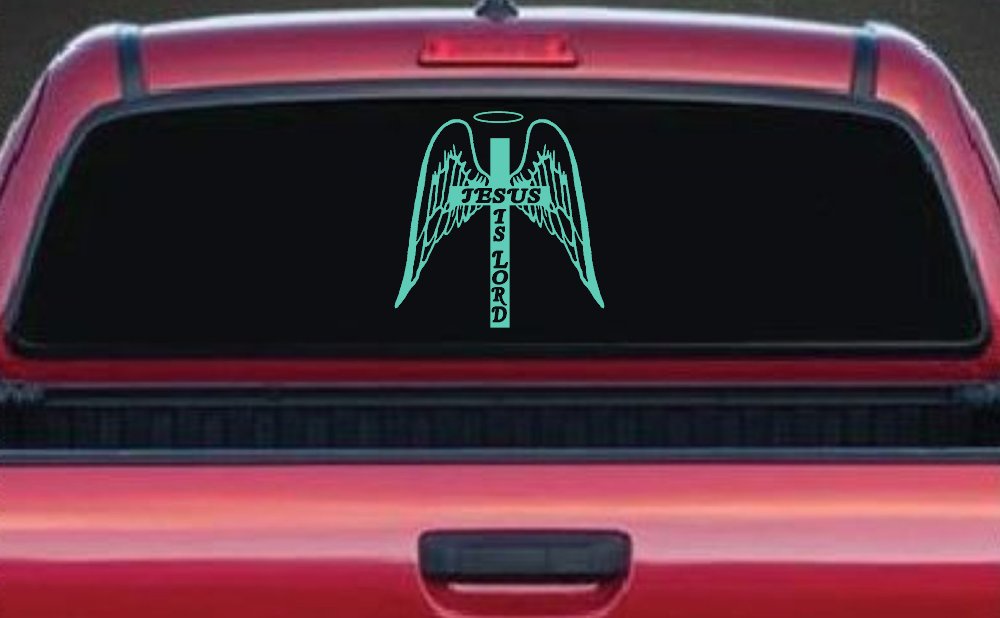 Jesus Is Lord Angel Wings Cross Halo Christian Car or Truck Window Decal Sticker (Mint)
