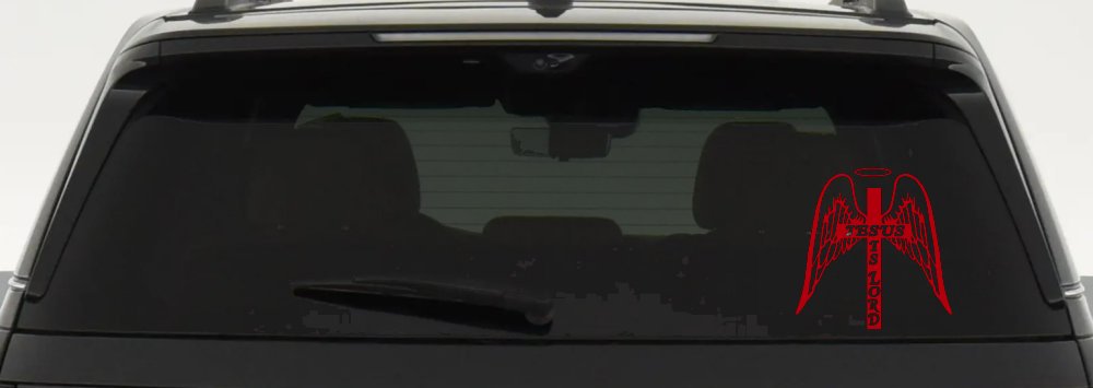 Jesus Is Lord Angel Wings Cross Halo Christian Car or Truck Window Decal Sticker (Red)