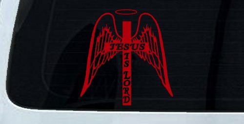 Jesus Is Lord Angel Wings Cross Halo Christian Car or Truck Window Decal Sticker (Red)