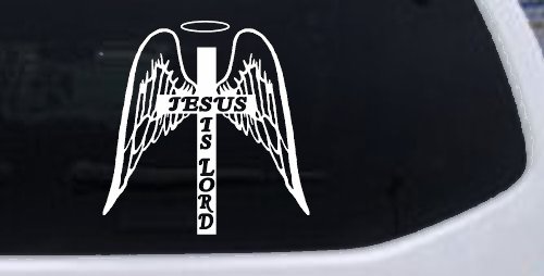 Jesus Is Lord Angel Wings Cross Halo Christian Car or Truck Window Decal Sticker (White)