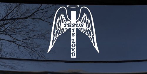 Jesus Is Lord Angel Wings Cross Halo Christian Car or Truck Window Vinyl Decal Sticker (White)