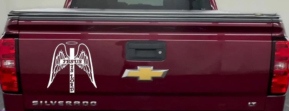 Jesus Is Lord Angel Wings Cross Halo Christian Car or Truck Window Vinyl Decal Sticker (White)