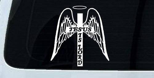 Jesus Is Lord Angel Wings Cross Halo Christian Car or Truck Window Vinyl Decal Sticker (White)