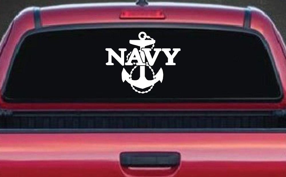 Navy With Anchor Military Car or Truck Window Vinyl Decal Sticker (White)