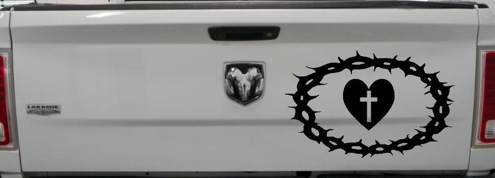 Crown Of Thorns Heart Cross Christian Car or Truck Window Decal Sticker (Black)