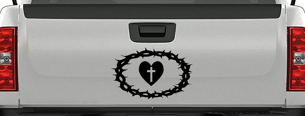 Crown Of Thorns Heart Cross Christian Car or Truck Window Vinyl Decal Sticker (Black)