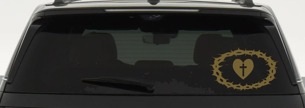 Crown Of Thorns Heart Cross Christian Car or Truck Window Decal Sticker (Gold)