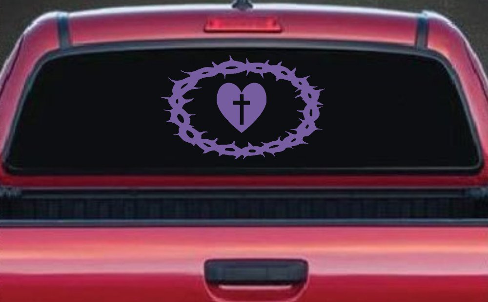 Crown Of Thorns Heart Cross Christian Car or Truck Window Decal Sticker (Purple)