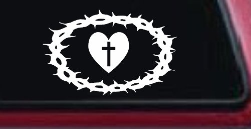 Crown Of Thorns Heart Cross Christian Car or Truck Window Decal Sticker (White)