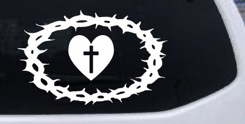 Crown Of Thorns Heart Cross Christian Car or Truck Window Vinyl Decal Sticker (White)