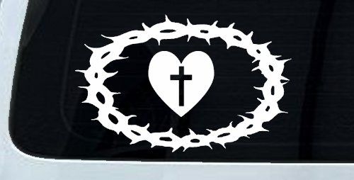 Crown Of Thorns Heart Cross Christian Car or Truck Window Vinyl Decal Sticker (White)