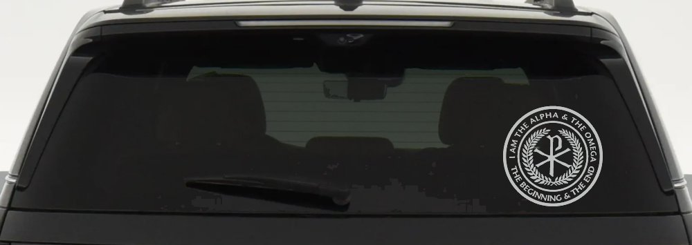 Chi Rho I Am The Alpha and Omega The Beginning and The End Christian Car or Truck Window Decal Sticker (Light Gray)