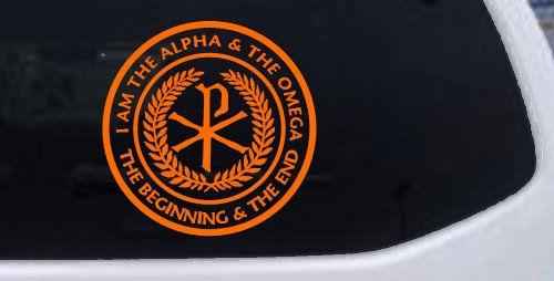 Chi Rho I Am The Alpha and Omega The Beginning and The End Christian Car or Truck Window Decal Sticker (Orange)