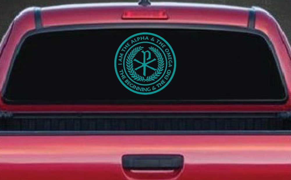 Chi Rho I Am The Alpha and Omega The Beginning and The End Christian Car or Truck Window Decal Sticker (Turquoise)