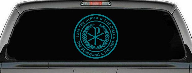 Chi Rho I Am The Alpha and Omega The Beginning and The End Christian Car or Truck Window Decal Sticker (Turquoise Blue)