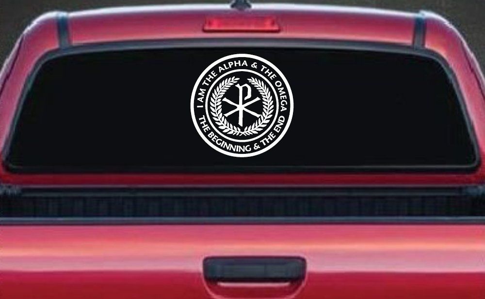 Chi Rho I Am The Alpha and Omega The Beginning and The End Christian Car or Truck Window Decal Sticker (White)