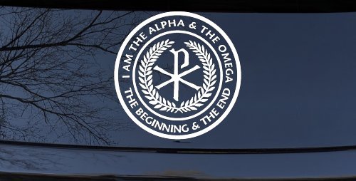 Chi Rho I Am The Alpha and Omega The Beginning and The End Christian Car or Truck Window Vinyl Decal Sticker (White)