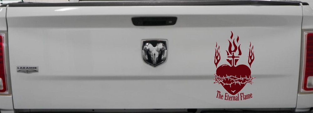 Sacred Heart The Eternal Flame Christian Car or Truck Window Decal Sticker (Purple Red)