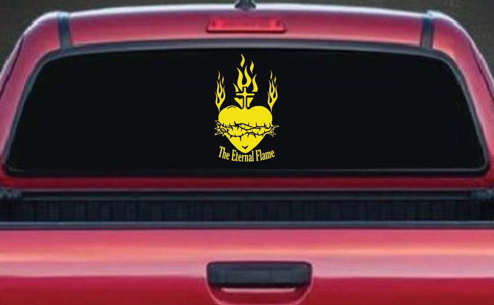Sacred Heart The Eternal Flame Christian Car or Truck Window Decal Sticker (Yellow)