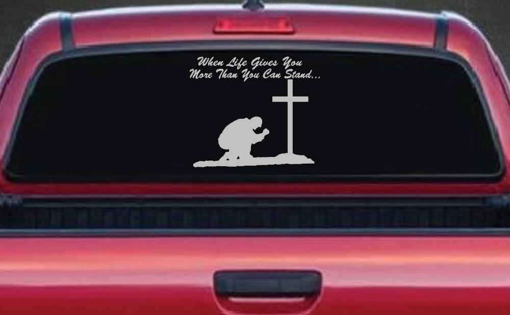 When LIfe Gives You More Than You Can Stand Kneel at The Cross Christian Car or Truck Window Decal Sticker (Light Gray)