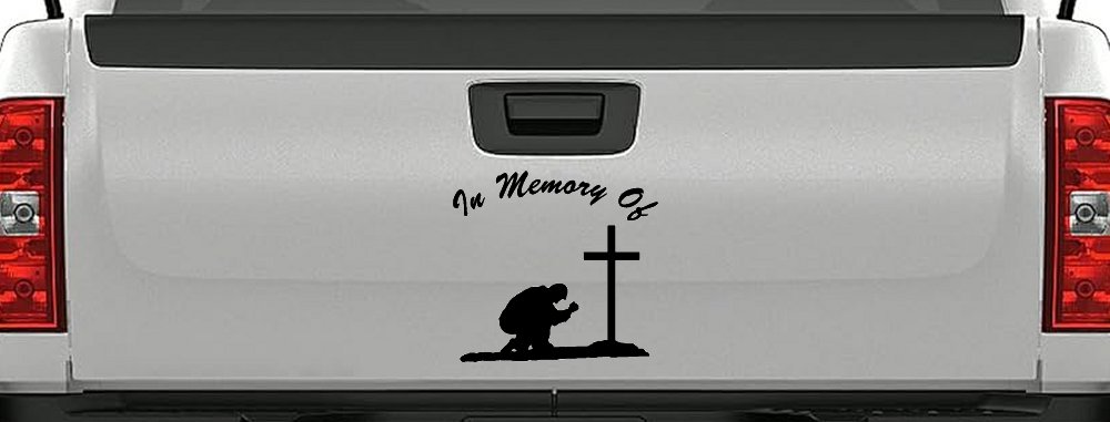 In Memory Of Man Kneeling At Cross Christian Car or Truck Window Decal Sticker (Black)