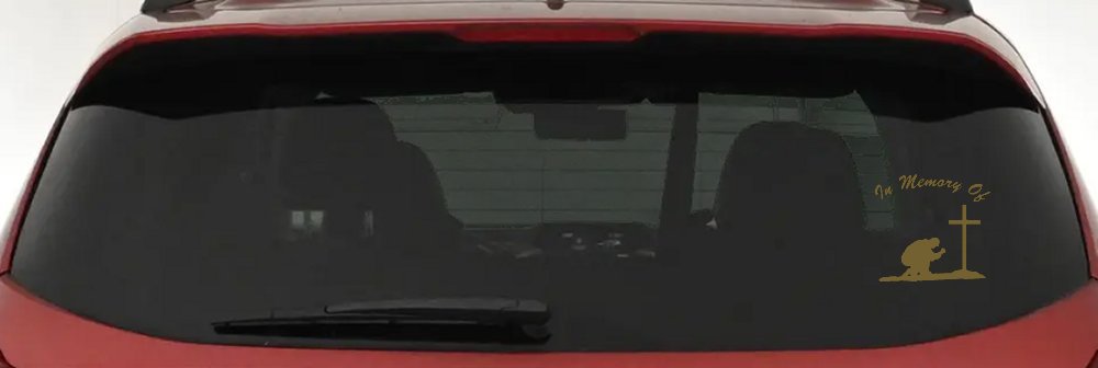 In Memory Of Man Kneeling At Cross Christian Car or Truck Window Vinyl Decal Sticker (Gold)