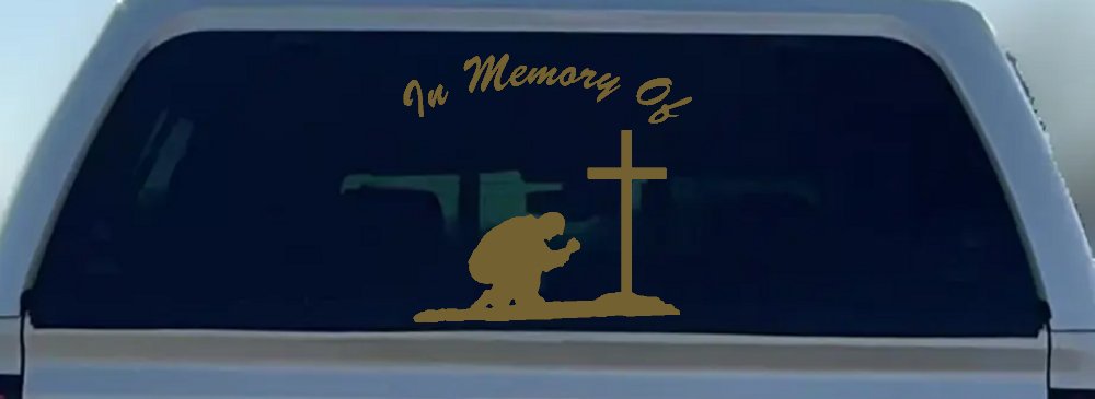 In Memory Of Man Kneeling At Cross Christian Car or Truck Window Decal Sticker (Gold)
